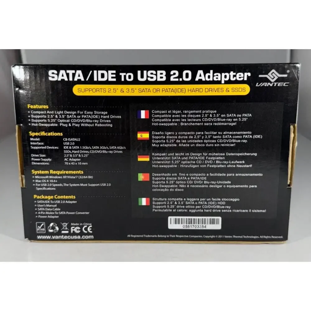 Vantec CB-ISATAU2 SATA/IDE to USB 2.0 Adapter Supports 2.5-Inch, 3.5-Inch, 5.25